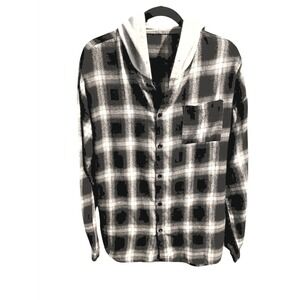 Mens Hooded Flannel Shirt L Black White Plaid Long Sleeve Button Up Grunge Y2k